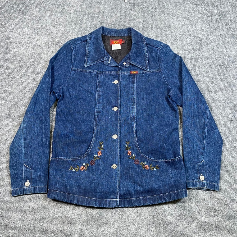Vintage Roxy Quiksilver Blue Denim Floral Embroidered Jacket Womens Medium